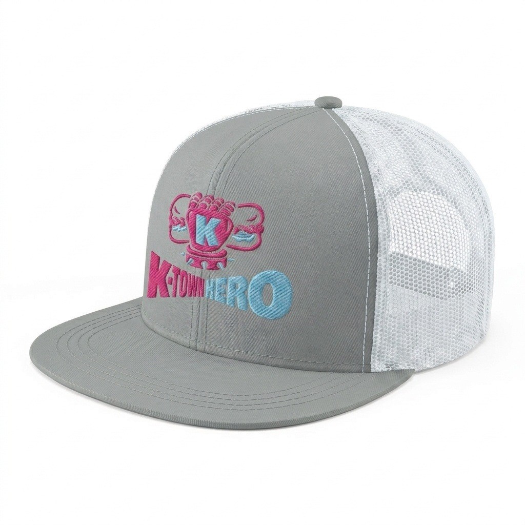 USA-made 6H Light Gray-White Chino baseball cap, decorated view, manufactured in Newark NJ