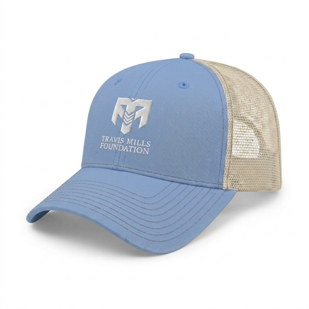 USA-made 6L Light Blue-Khaki Chino baseball cap, decorated view, manufactured in Newark NJ