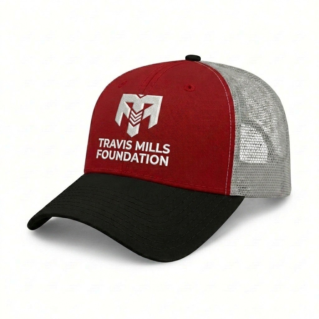 USA-made 6L Red-Black Chino baseball cap, decorated view, manufactured in Newark NJ