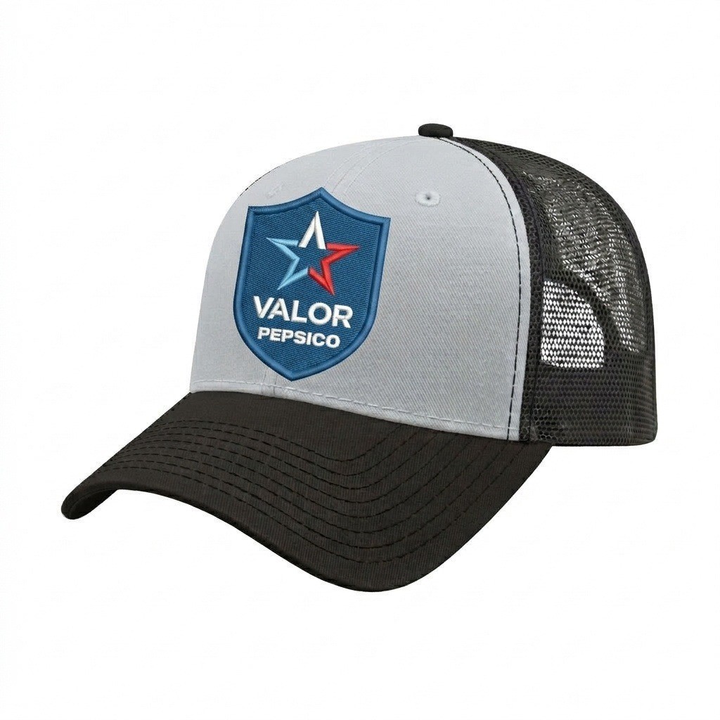 USA-made 6L White-Black Chino baseball cap, decorated view, manufactured in Newark NJ