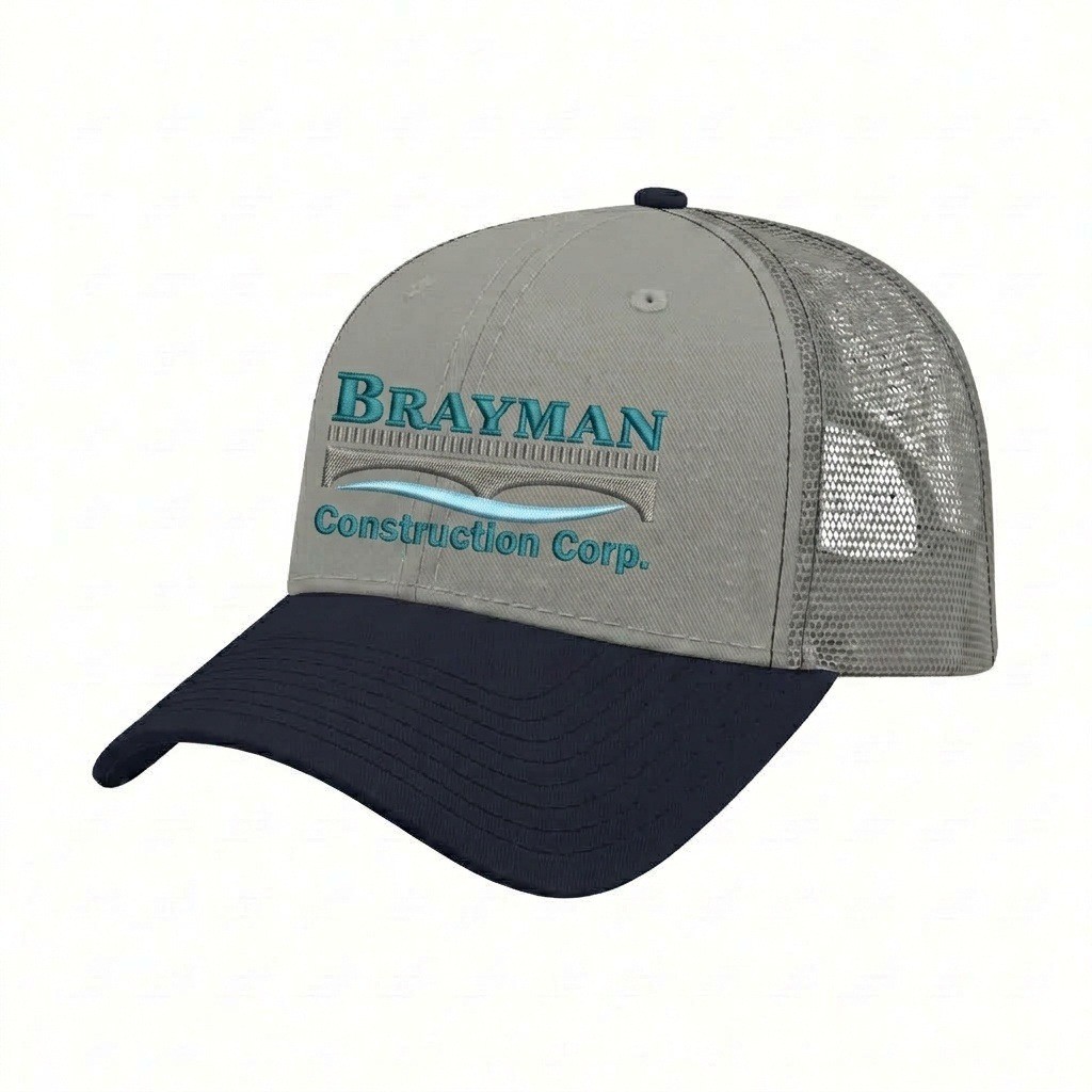 USA-made 6L Light Gray-Navy Chino baseball cap, decorated view, manufactured in Newark NJ