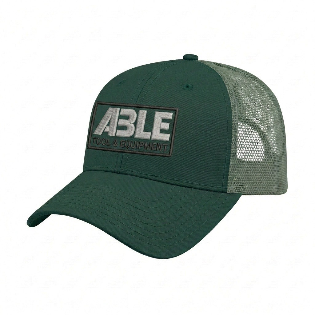 USA-made 6L Hunter Green Chino baseball cap, decorated view, manufactured in Newark NJ