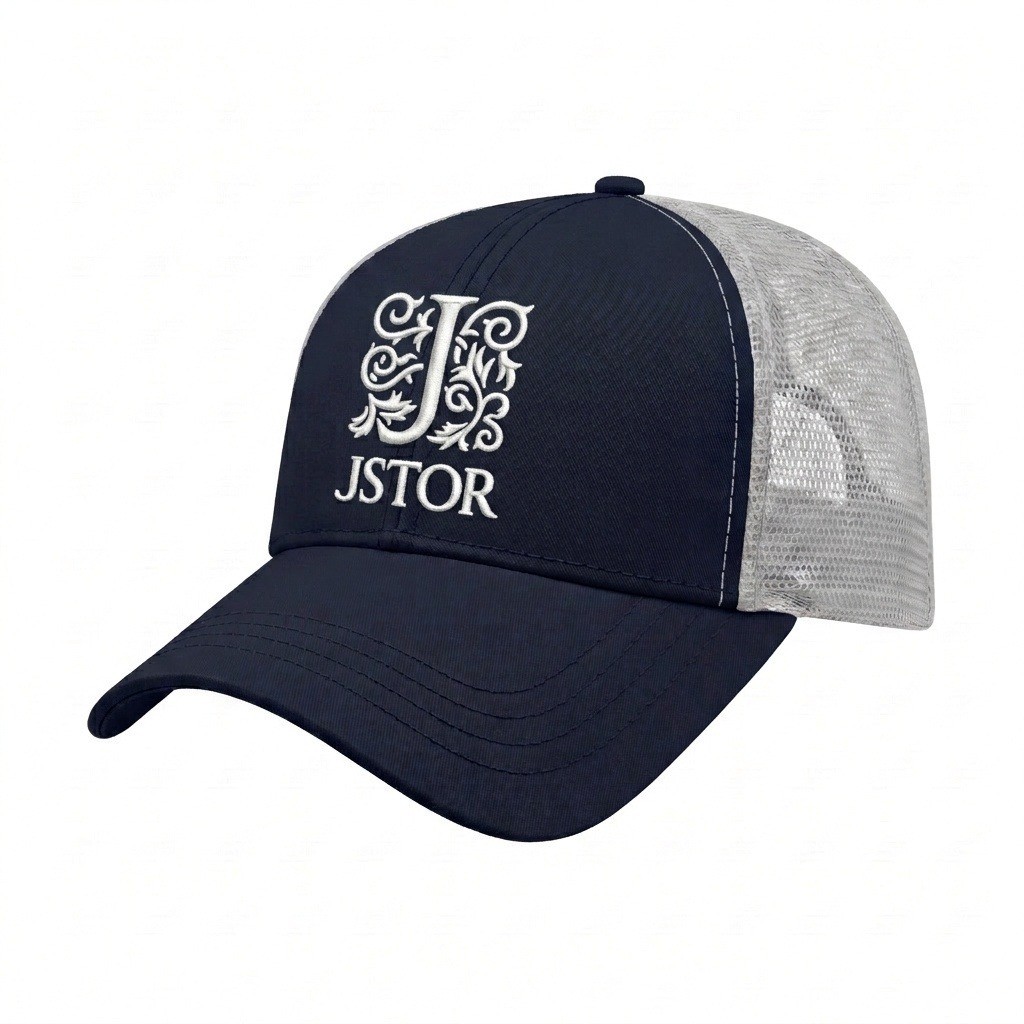 USA-made 6L Navy-White Chino baseball cap, decorated view, manufactured in Newark NJ
