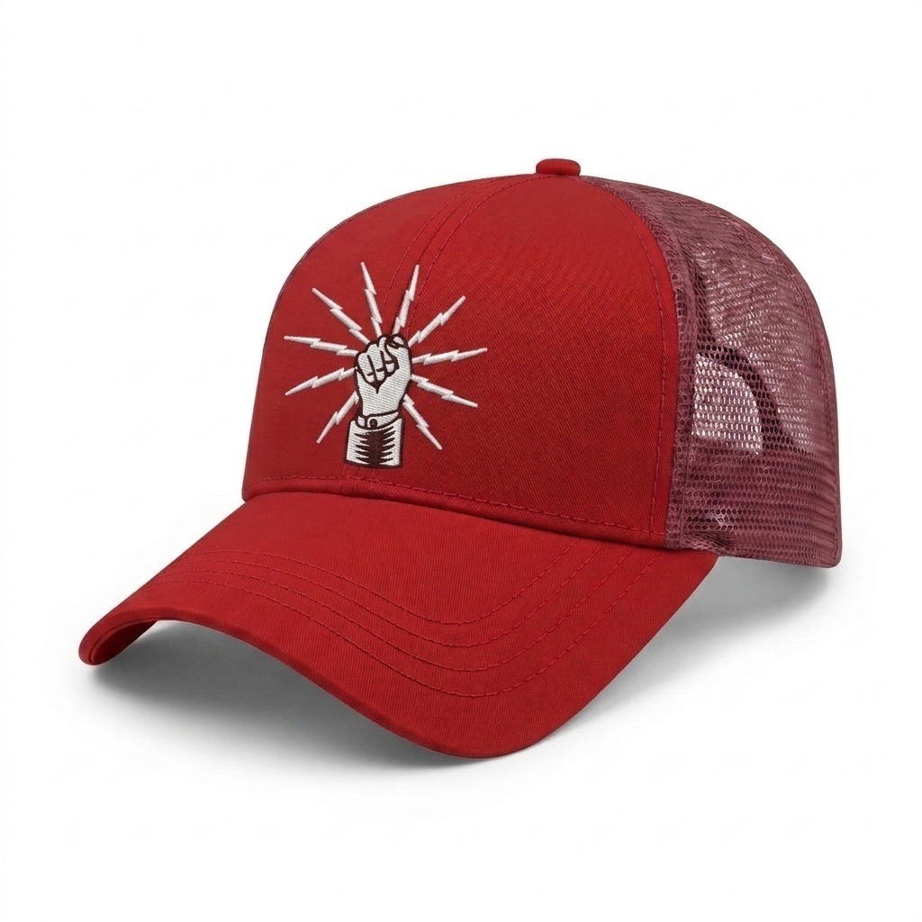 USA-made 6L Red Chino baseball cap, decorated view, manufactured in Newark NJ