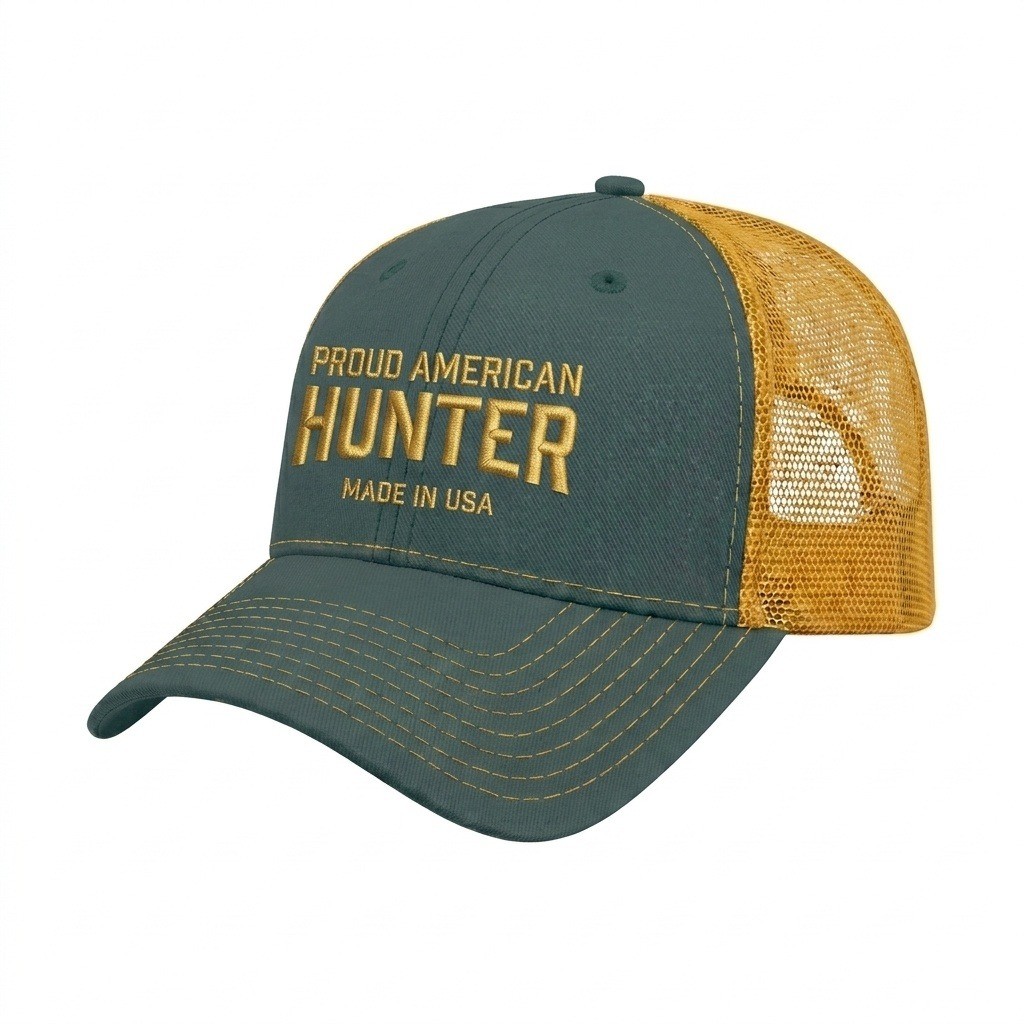 USA-made 6L Hunter Green-Athletic Gold Chino baseball cap, decorated view, manufactured in Newark NJ