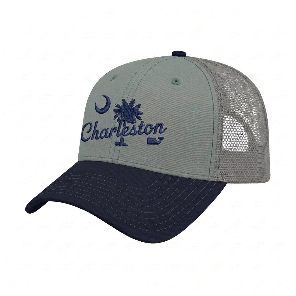 USA-made 6L Light Gray-Navy Chino baseball cap, decorated view, manufactured in Newark NJ