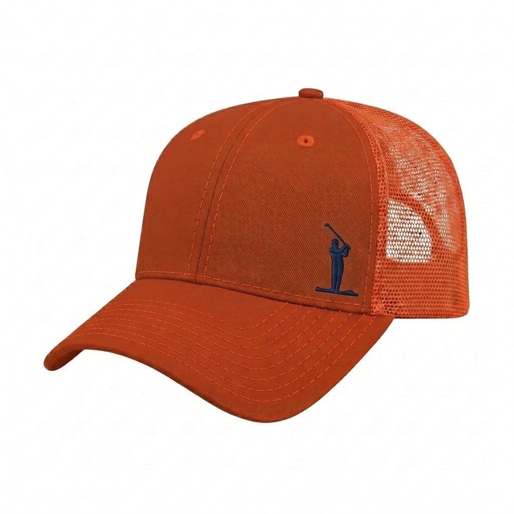 USA-made 6L Orange Chino baseball cap, decorated view, manufactured in Newark NJ