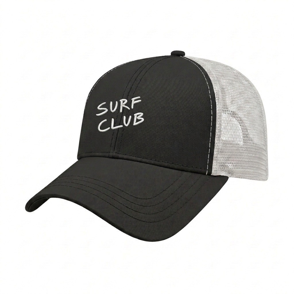 USA-made 6L Black-White Chino baseball cap, decorated view, manufactured in Newark NJ