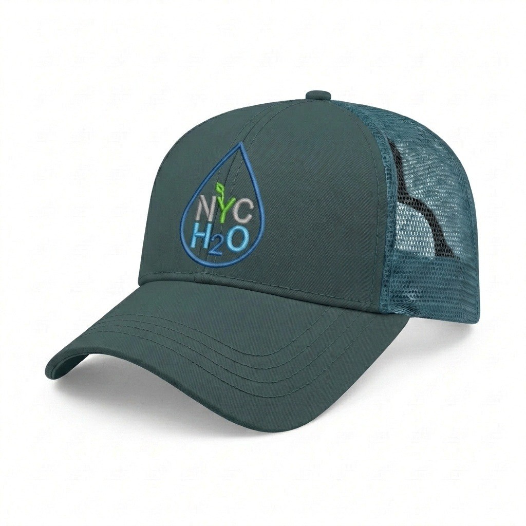 USA-made 6L Hunter Green Chino baseball cap, decorated view, manufactured in Newark NJ