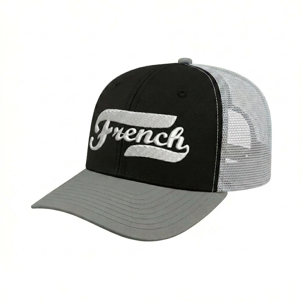 USA-made 6S Black-Light Gray Chino baseball cap, decorated view, manufactured in Newark NJ
