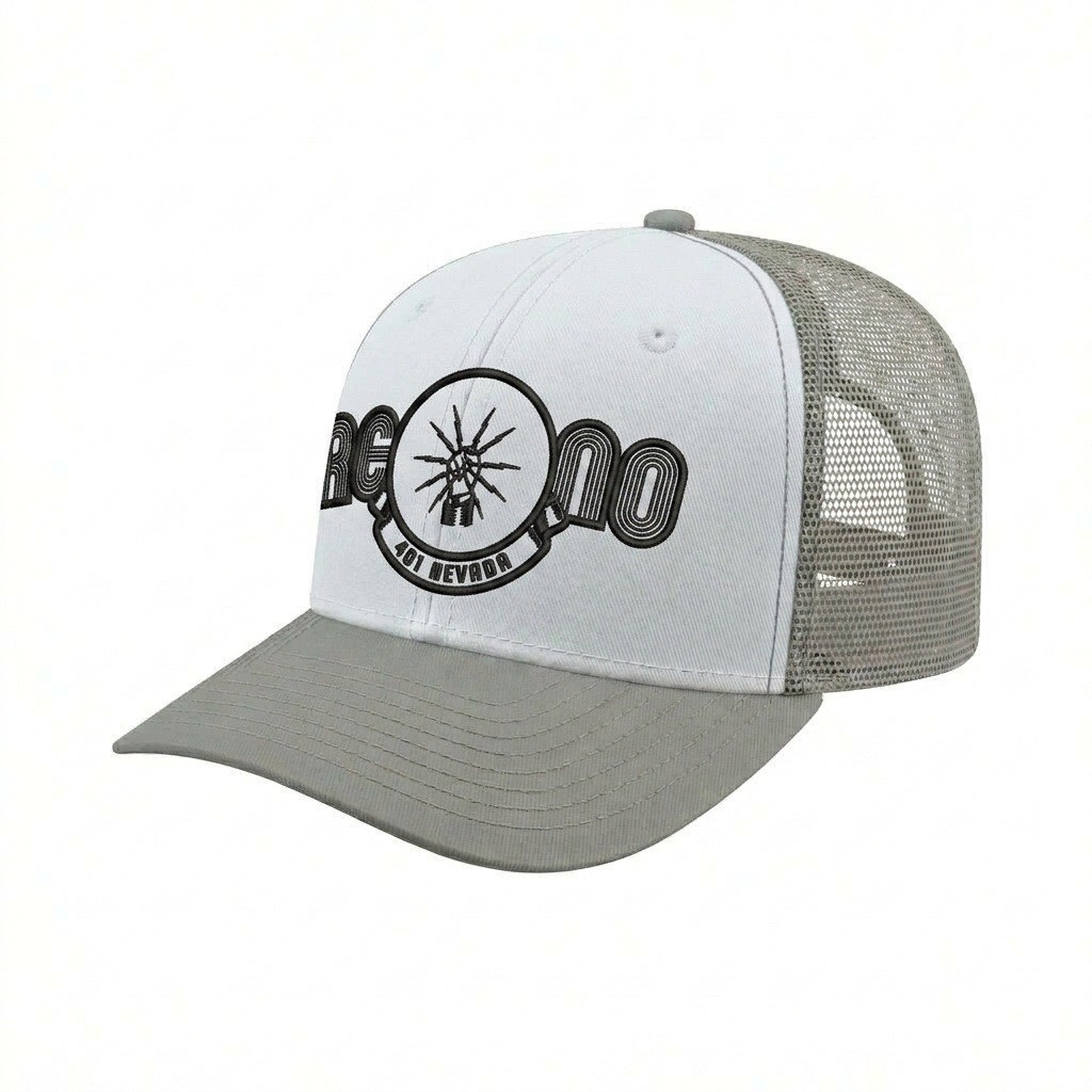 USA-made 6S White-Light Gray Chino baseball cap, decorated view, manufactured in Newark NJ