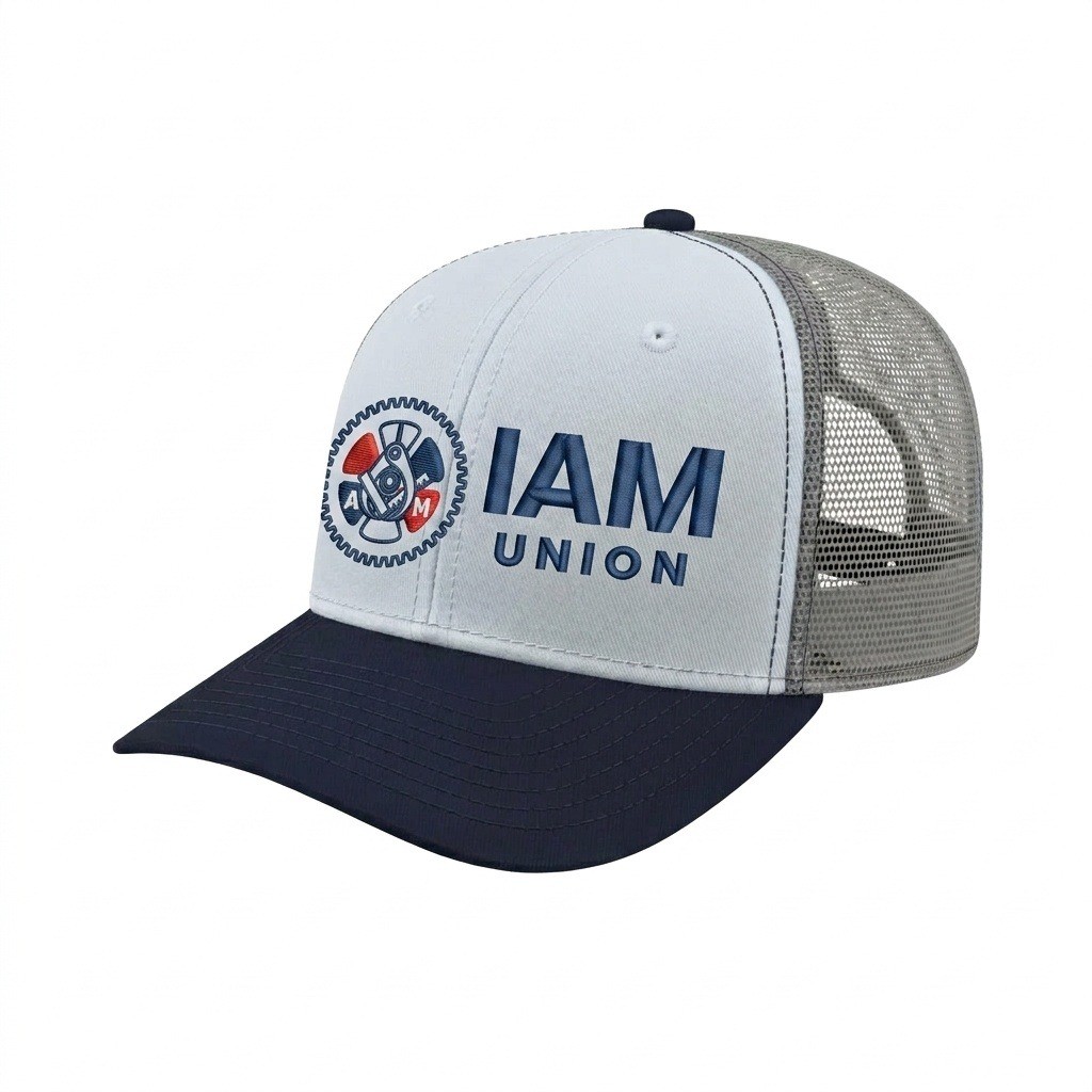 USA-made 6S White-Navy Chino baseball cap, decorated view, manufactured in Newark NJ