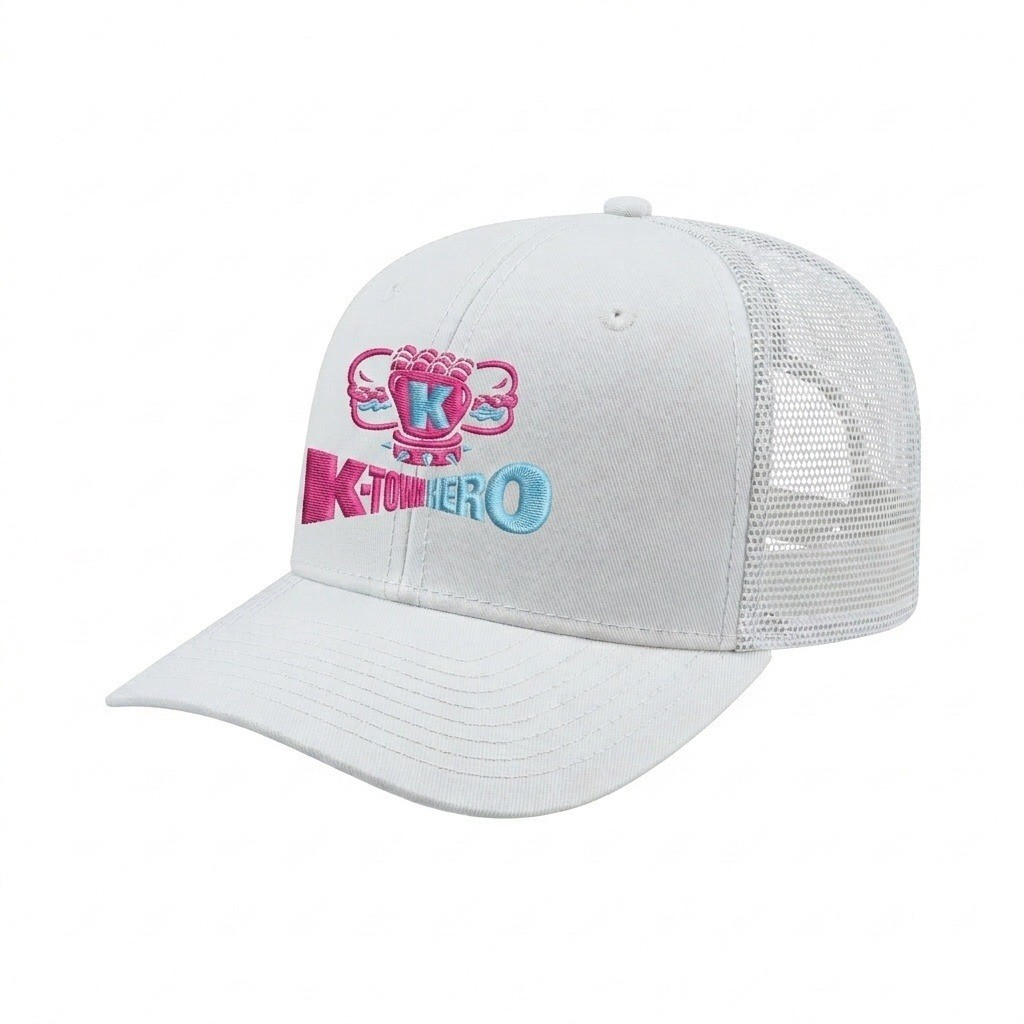 USA-made 6S White Chino baseball cap, decorated view, manufactured in Newark NJ
