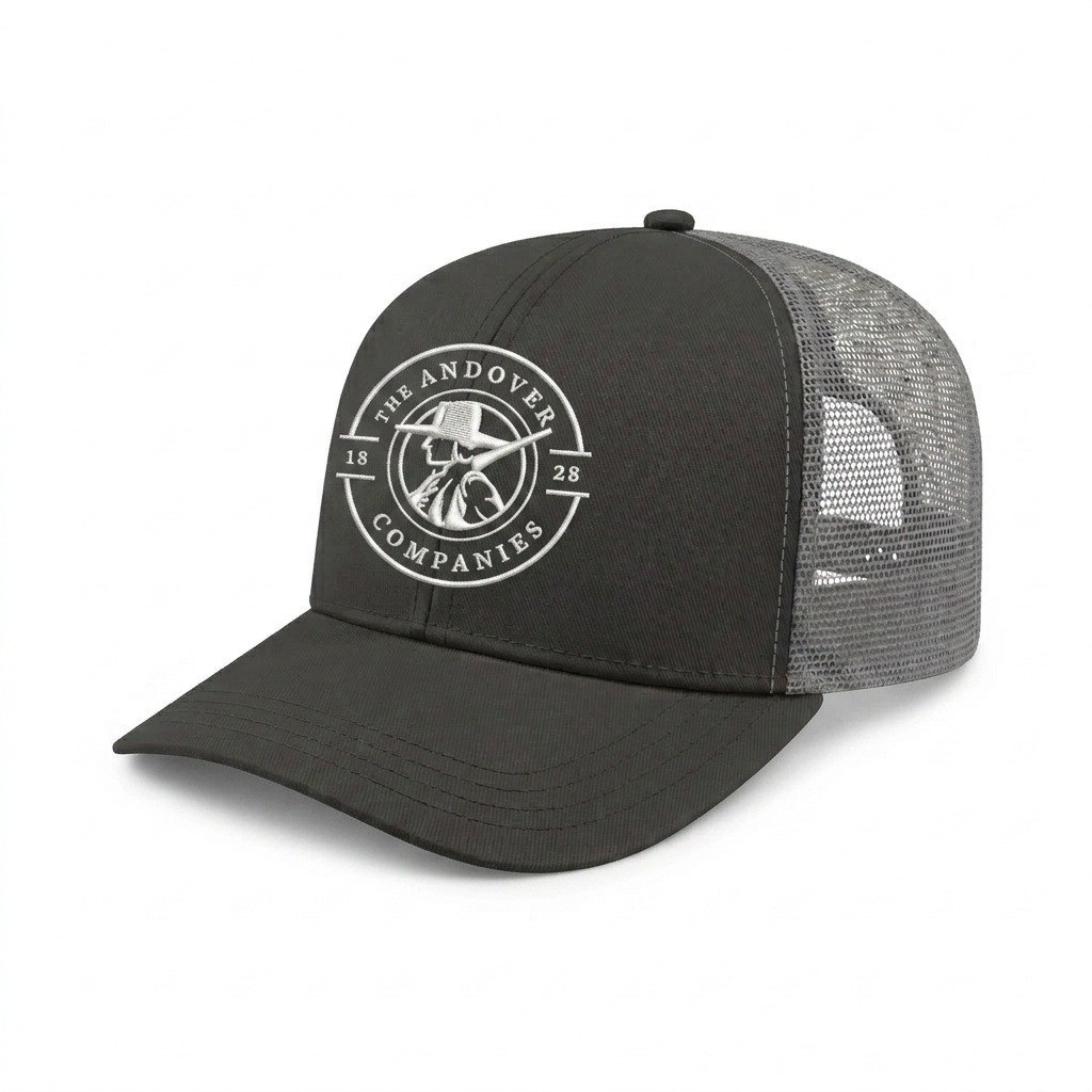 USA-made 6S Dark Gray-Light Gray Chino baseball cap, decorated view, manufactured in Newark NJ
