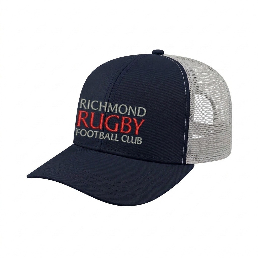 USA-made 6S Navy-White Chino baseball cap, decorated view, manufactured in Newark NJ