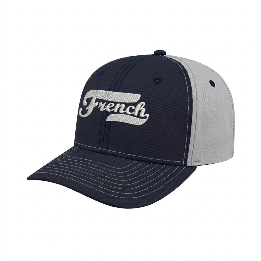 USA-made 6S Navy-Light Gray Chino baseball cap, decorated view, manufactured in Newark NJ