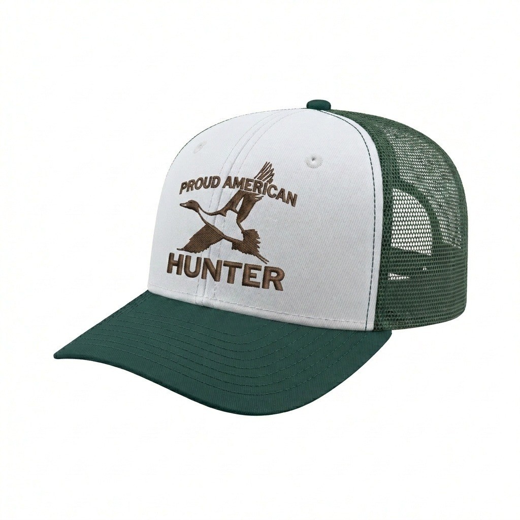 USA-made 6S White-Hunter Green Chino baseball cap, decorated view, manufactured in Newark NJ