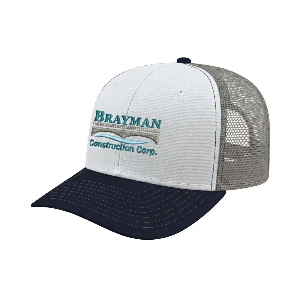 USA-made 6S White-Navy Chino baseball cap, decorated view, manufactured in Newark NJ