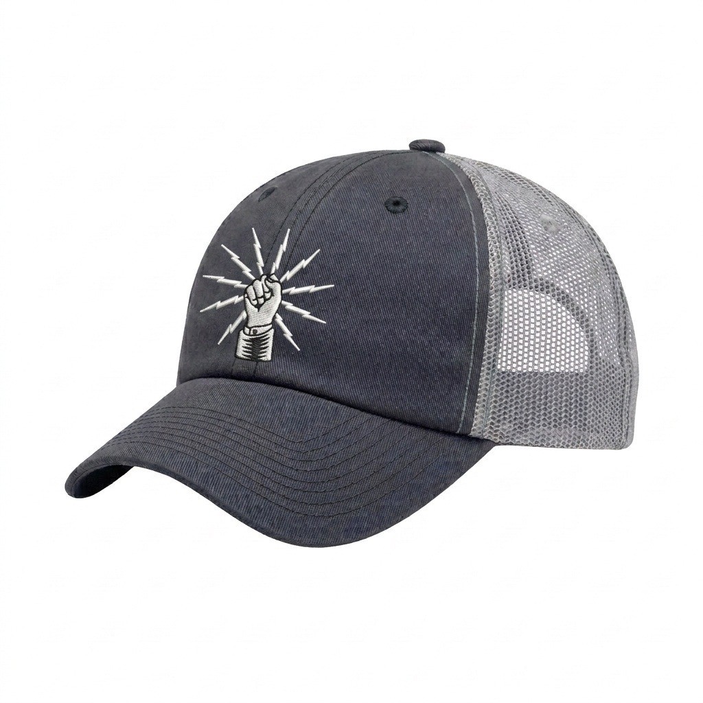 USA-made 6U Heather Gray-Light Gray Chino baseball cap, decorated view, manufactured in Newark NJ