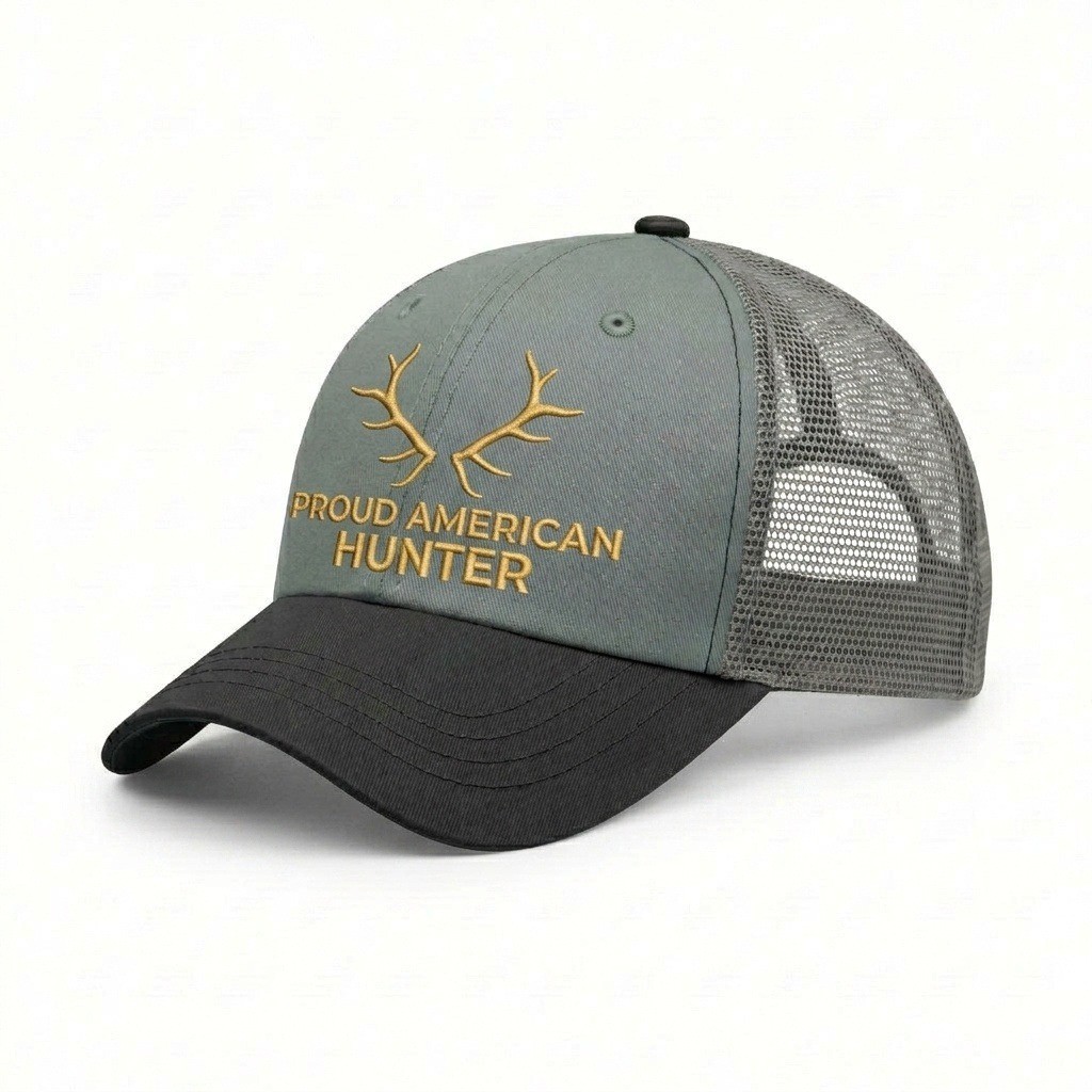 USA-made 6U Light Gray-Black Chino baseball cap, decorated view, manufactured in Newark NJ