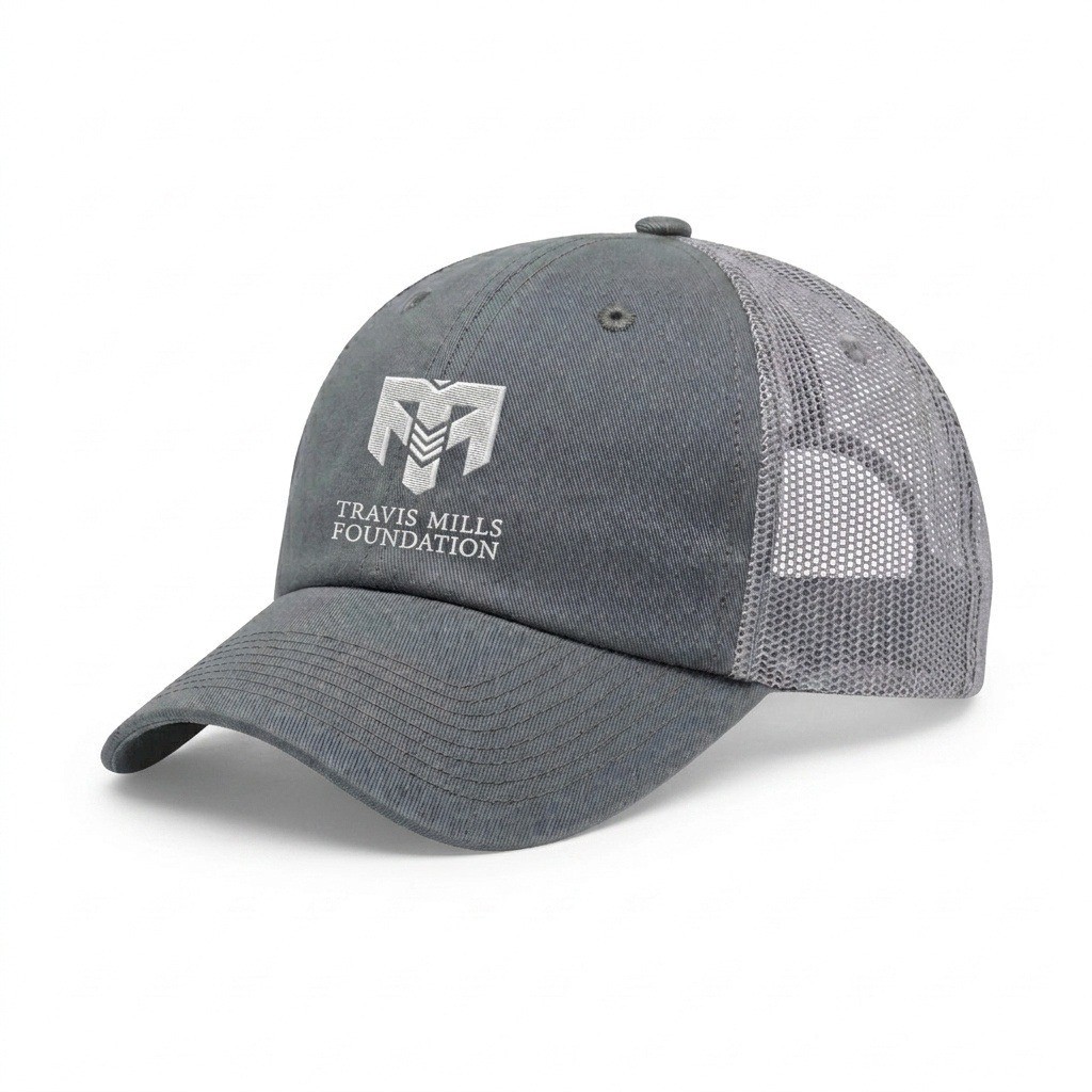 USA-made 6U Light Gray Chino baseball cap, decorated view, manufactured in Newark NJ