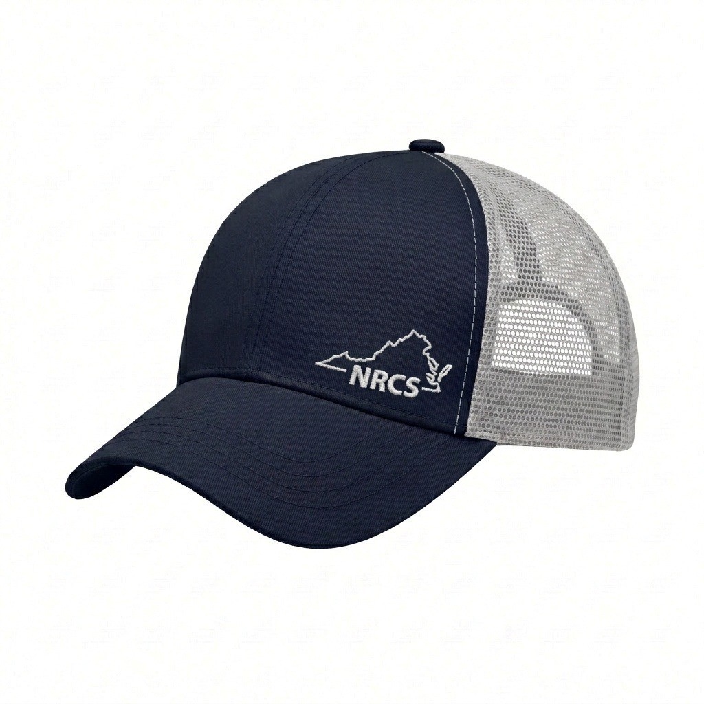 USA-made 6U Navy-White Chino baseball cap, decorated view, manufactured in Newark NJ