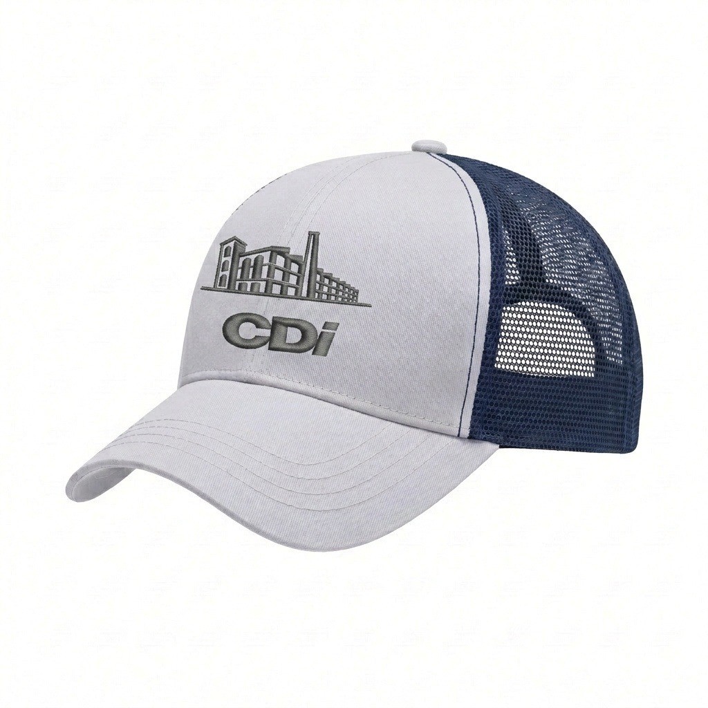 USA-made 6U White-Navy Chino baseball cap, decorated view, manufactured in Newark NJ