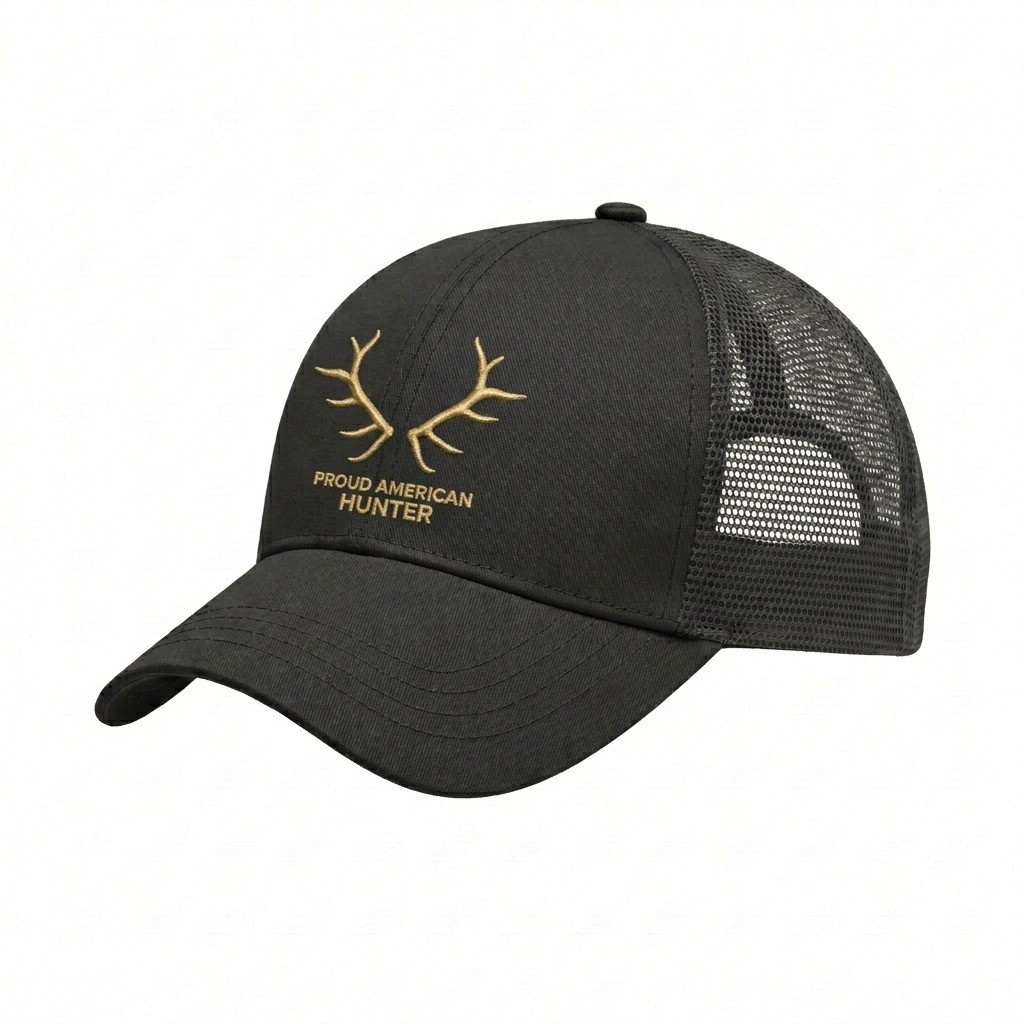 USA-made 6U Black Chino baseball cap, decorated view, manufactured in Newark NJ