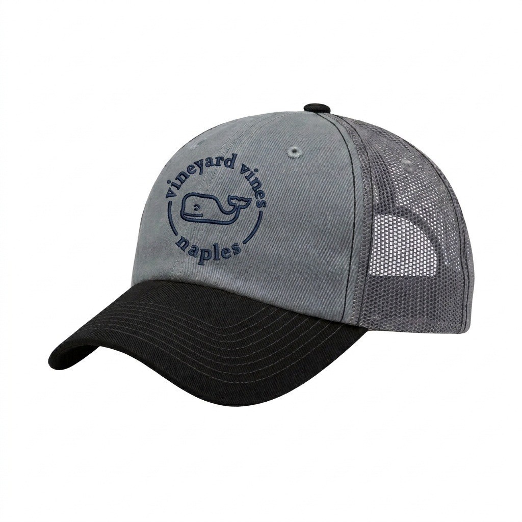 USA-made 6U Light Gray-Black Chino baseball cap, decorated view, manufactured in Newark NJ