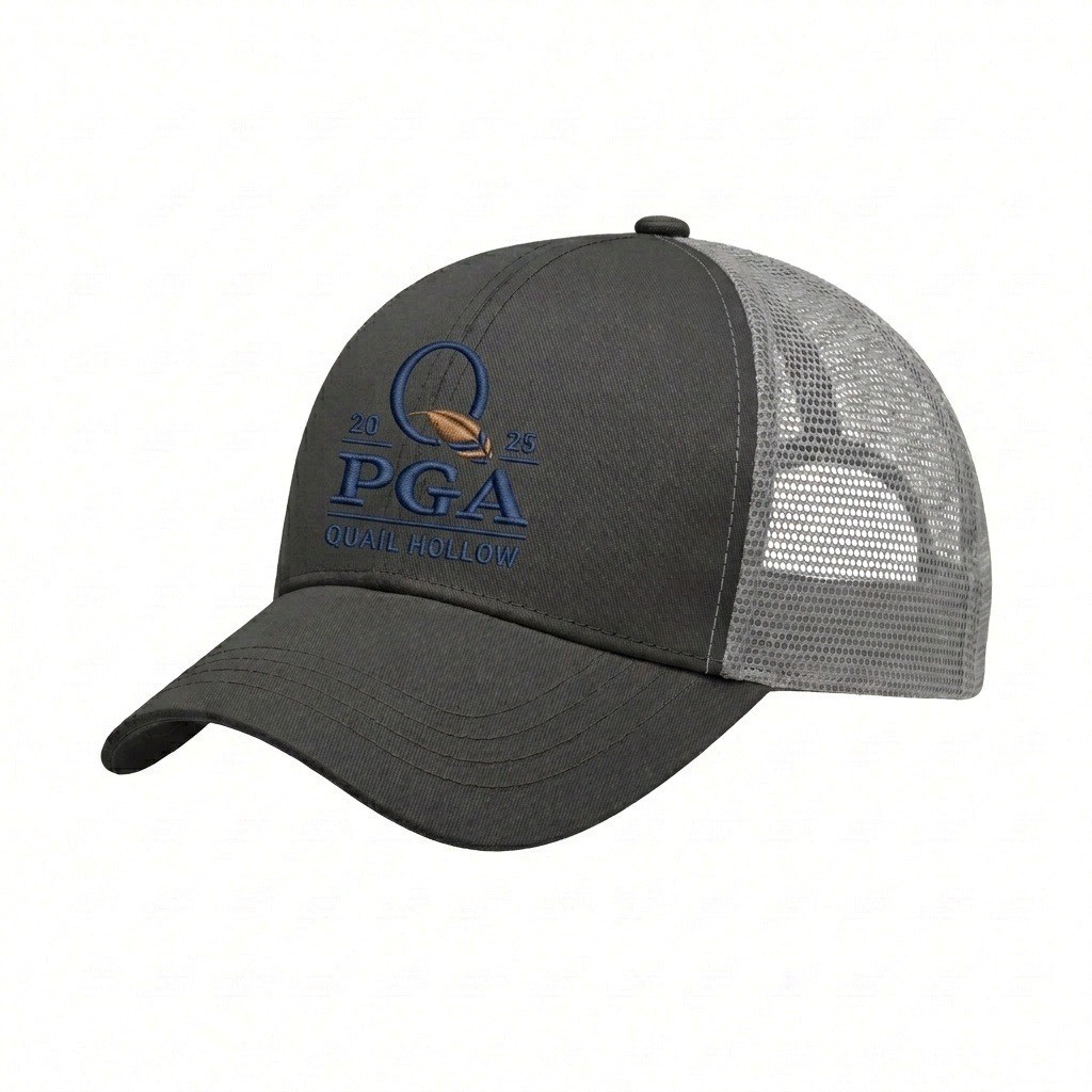 USA-made 6U Dark Gray-Light Gray Chino baseball cap, decorated view, manufactured in Newark NJ
