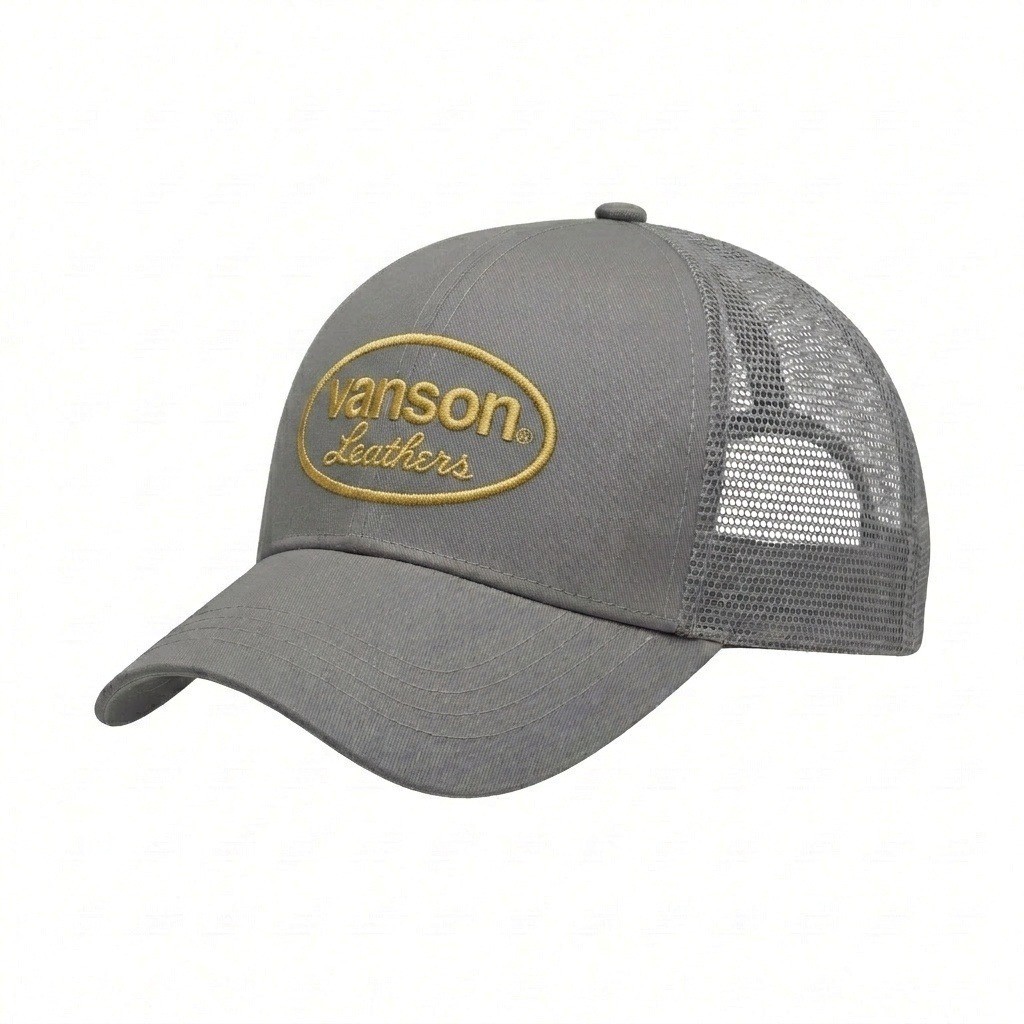 USA-made 6U Light Gray Chino baseball cap, decorated view, manufactured in Newark NJ
