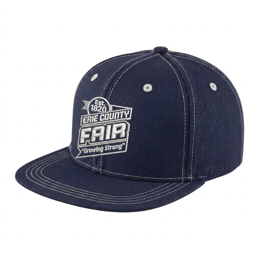USA-made 6H Navy-White Cotton Duck baseball cap, decorated view, manufactured in Newark NJ