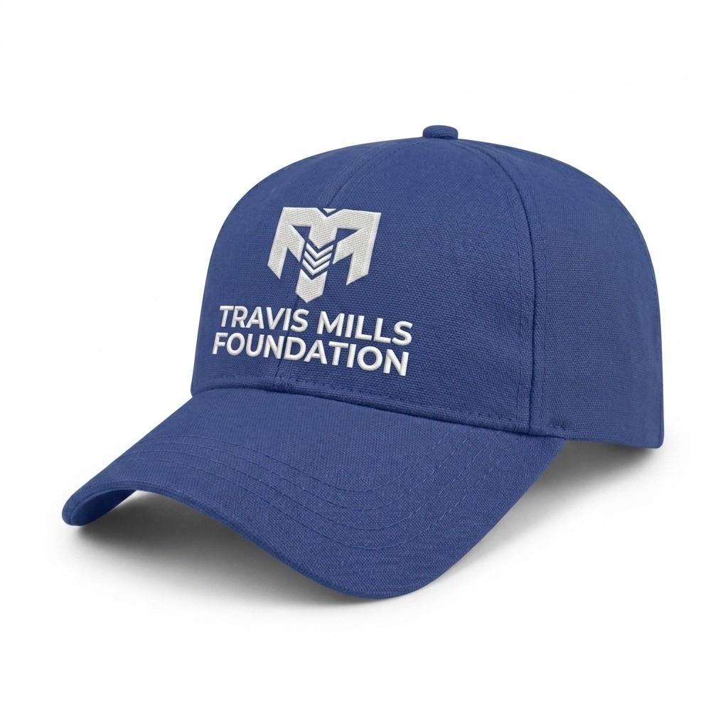 USA-made 6L Royal Blue Cotton Duck baseball cap, decorated view, manufactured in Newark NJ