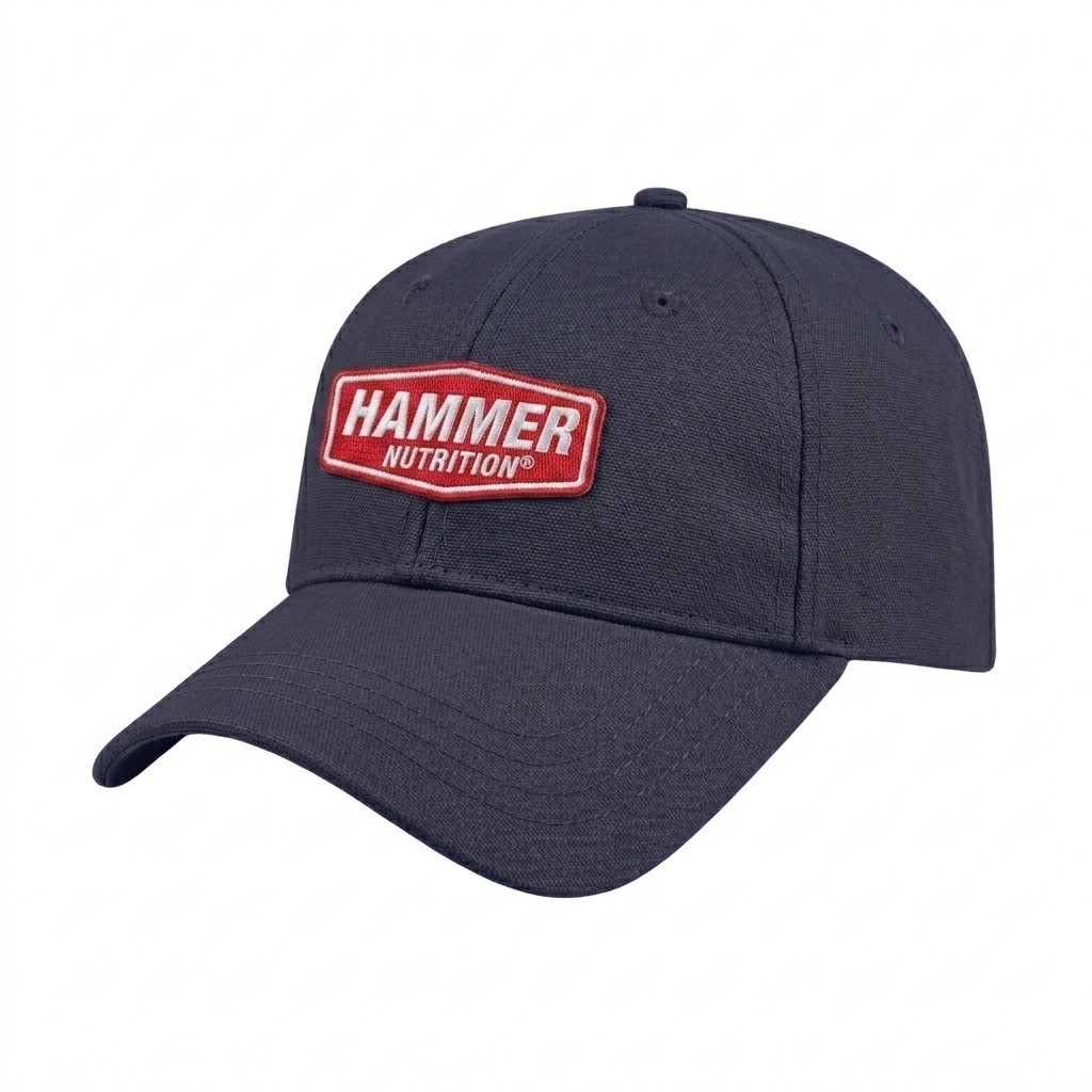 USA-made 6L Navy Cotton Duck baseball cap, decorated view, manufactured in Newark NJ