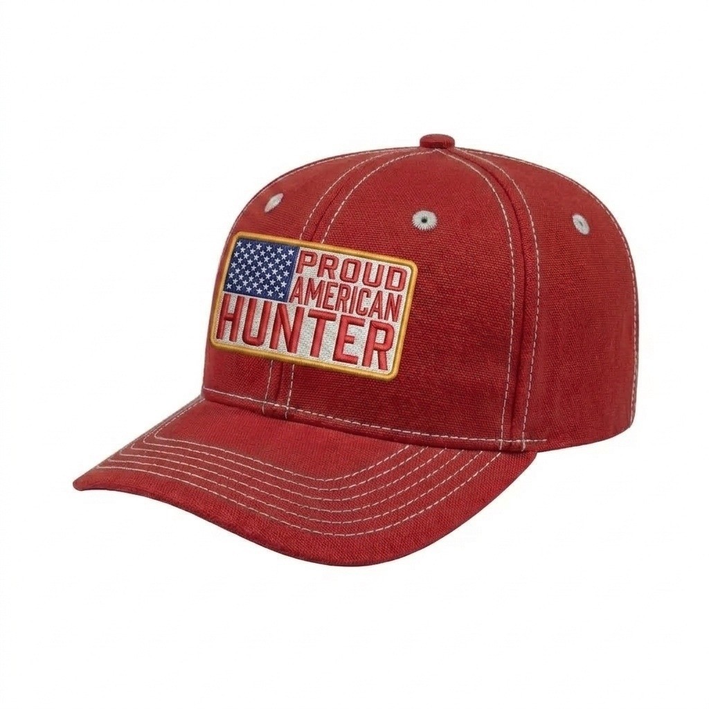 USA-made 6S Red-White Cotton Duck baseball cap, decorated view, manufactured in Newark NJ