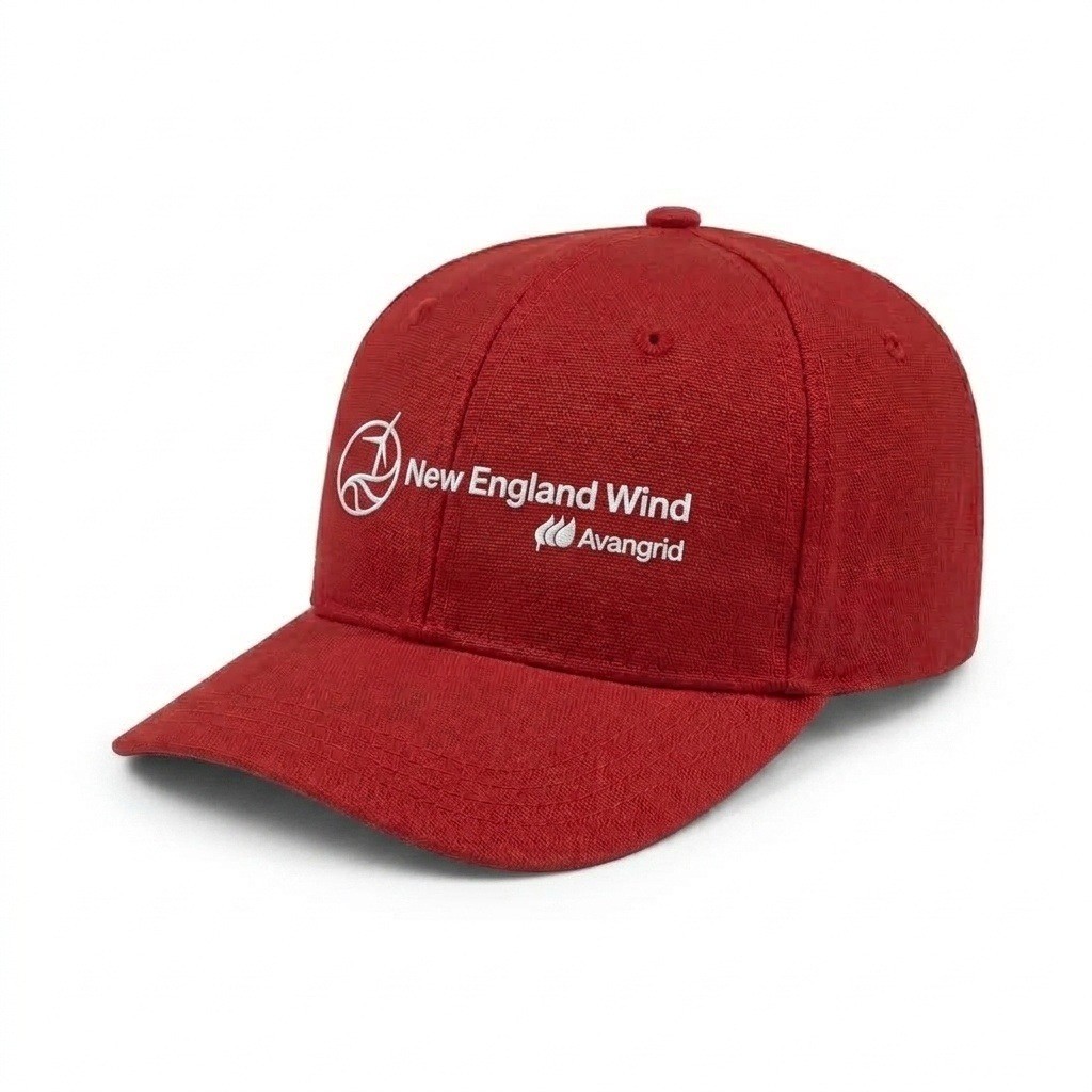 USA-made 6S Red Cotton Duck baseball cap, decorated view, manufactured in Newark NJ