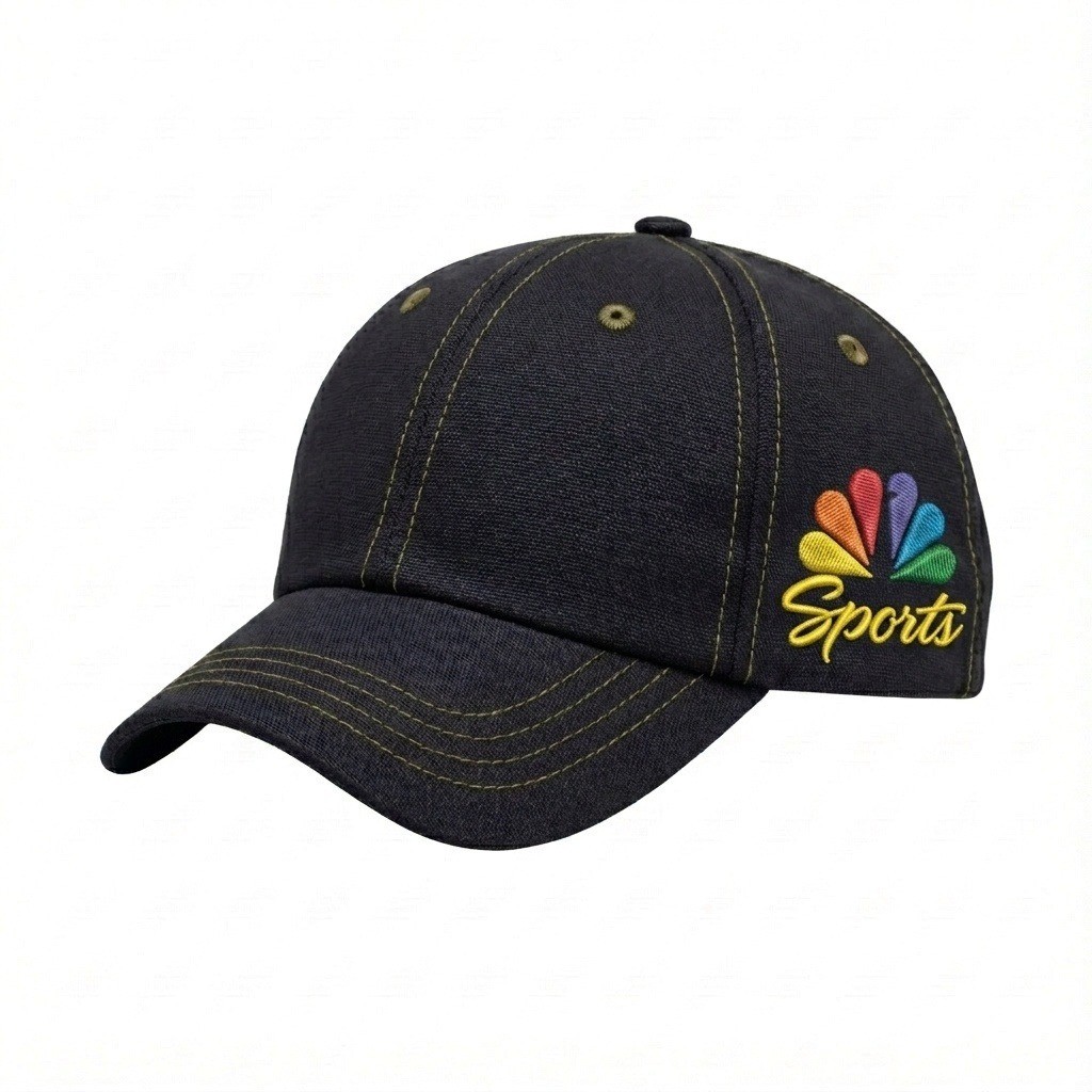USA-made 6U Black-Khaki Cotton Duck baseball cap, decorated view, manufactured in Newark NJ
