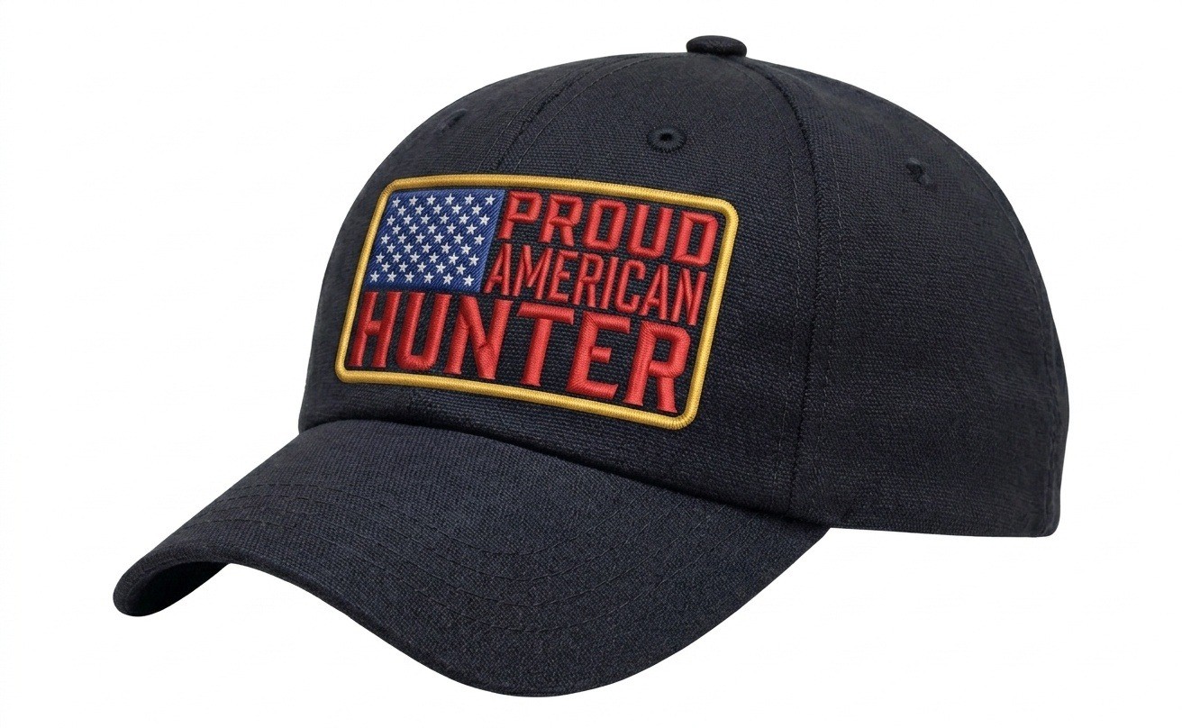 USA-made 6U Black Cotton Duck baseball cap, decorated view, manufactured in Newark NJ