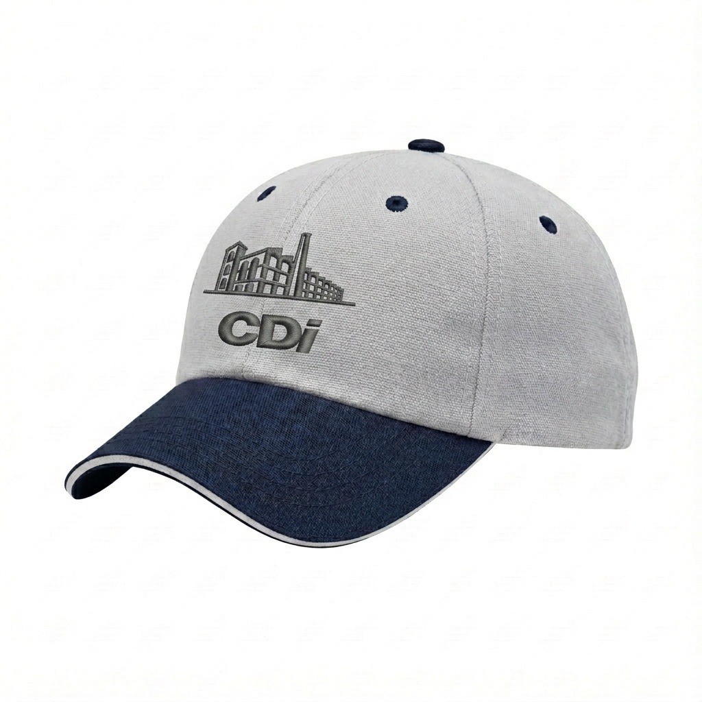 USA-made 6U White-Navy Cotton Duck baseball cap, decorated view, manufactured in Newark NJ