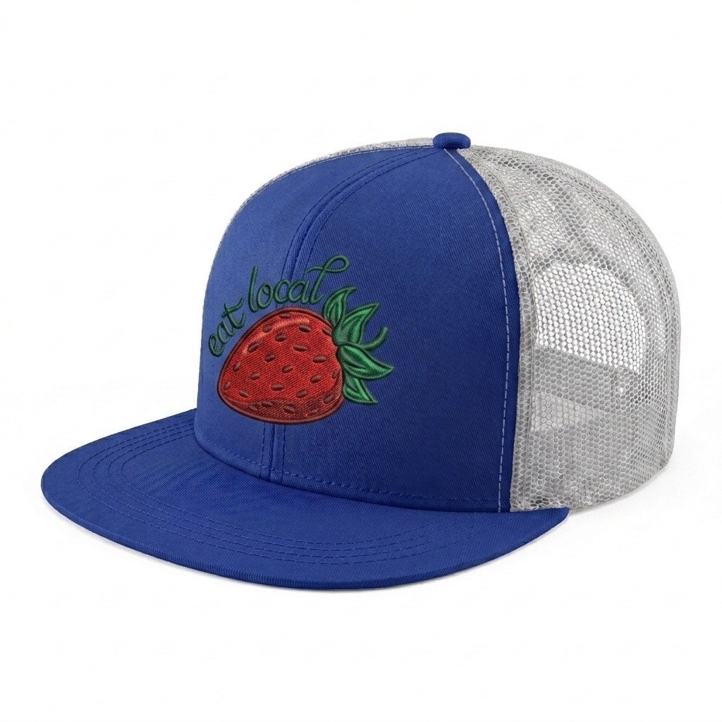 USA-made 6H Royal Blue-Light Gray Polycotton Twill baseball cap, decorated view, manufactured in Newark NJ