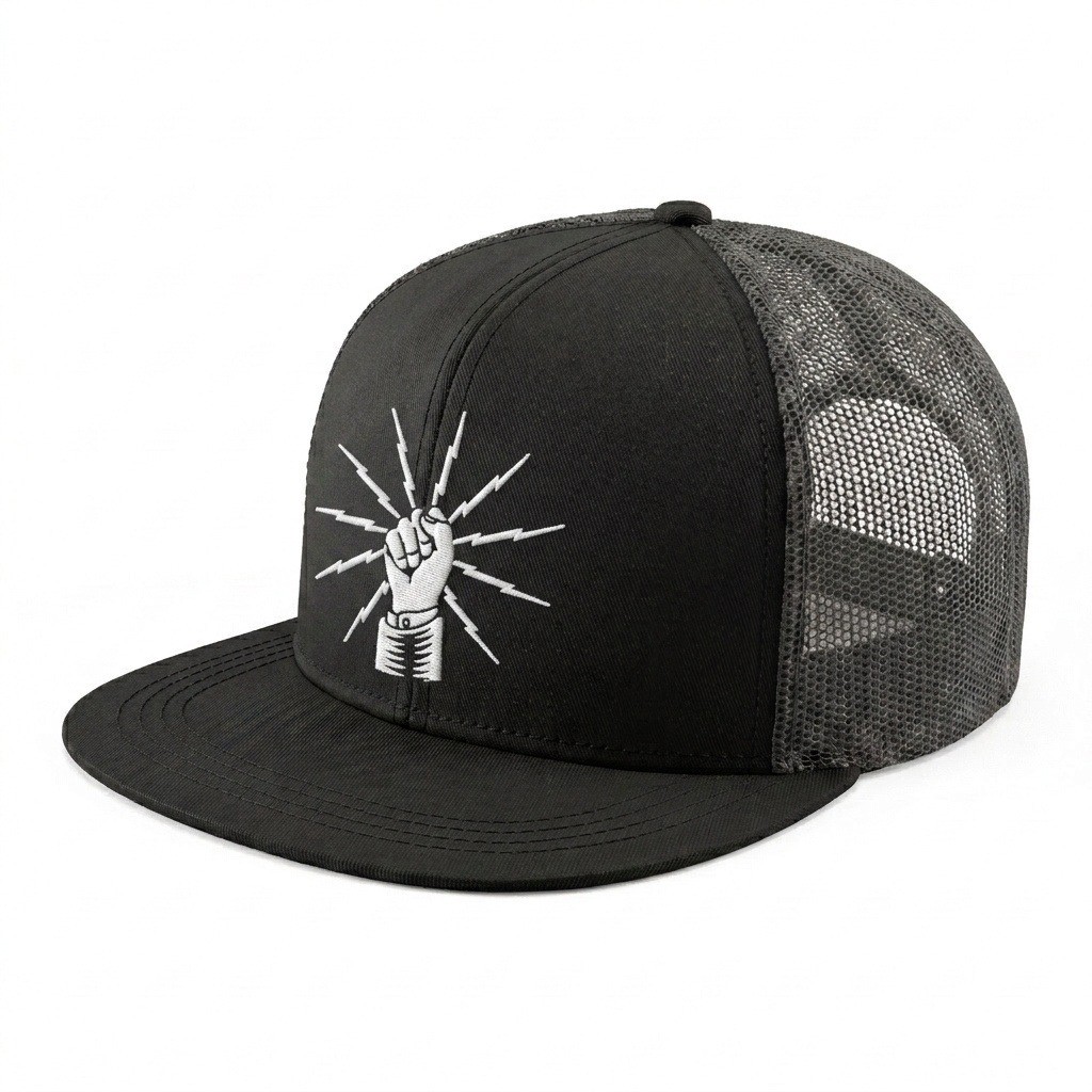 USA-made 6H Black Polycotton Twill baseball cap, decorated view, manufactured in Newark NJ