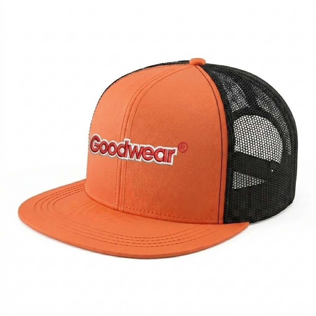 USA-made 6H Blaze Orange-Black Polycotton Twill baseball cap, decorated view, manufactured in Newark NJ