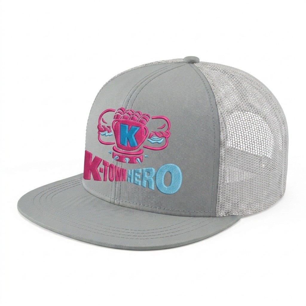 USA-made 6H Light Gray Polycotton Twill baseball cap, decorated view, manufactured in Newark NJ