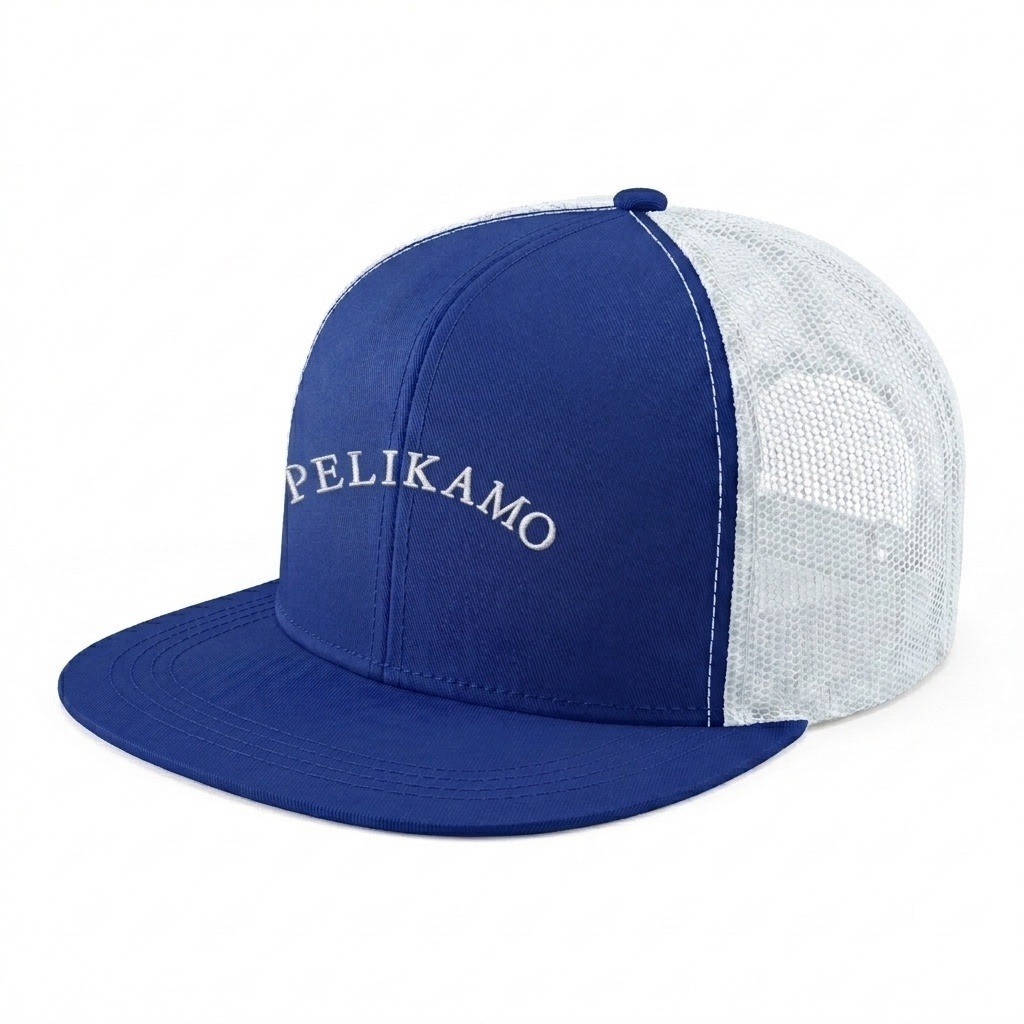 USA-made 6H Royal Blue-White Polycotton Twill baseball cap, decorated view, manufactured in Newark NJ