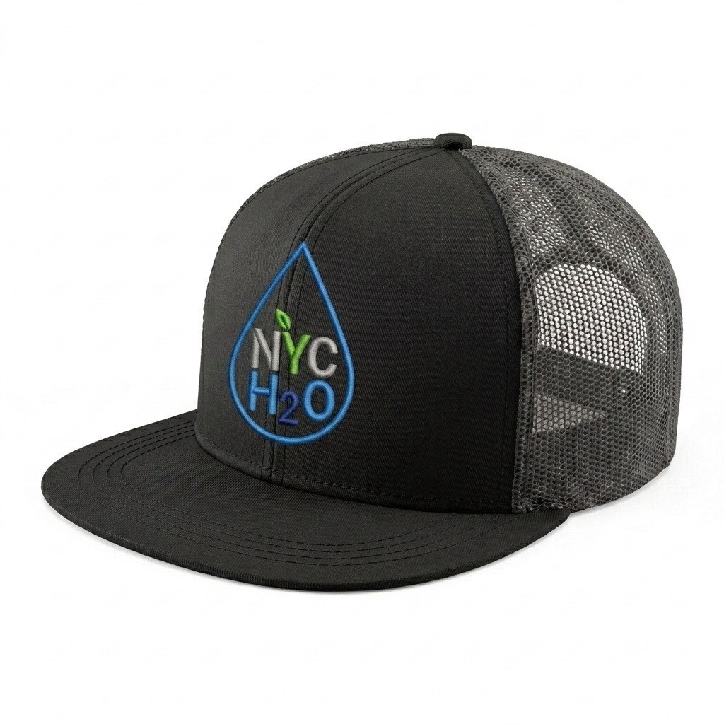 USA-made 6H Black Polycotton Twill baseball cap, decorated view, manufactured in Newark NJ
