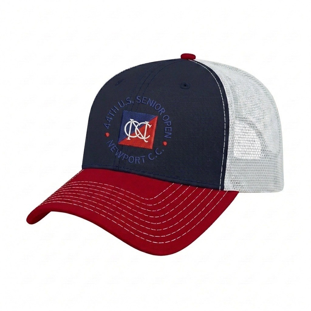 USA-made 6L Navy-Red Polycotton Twill baseball cap, decorated view, manufactured in Newark NJ