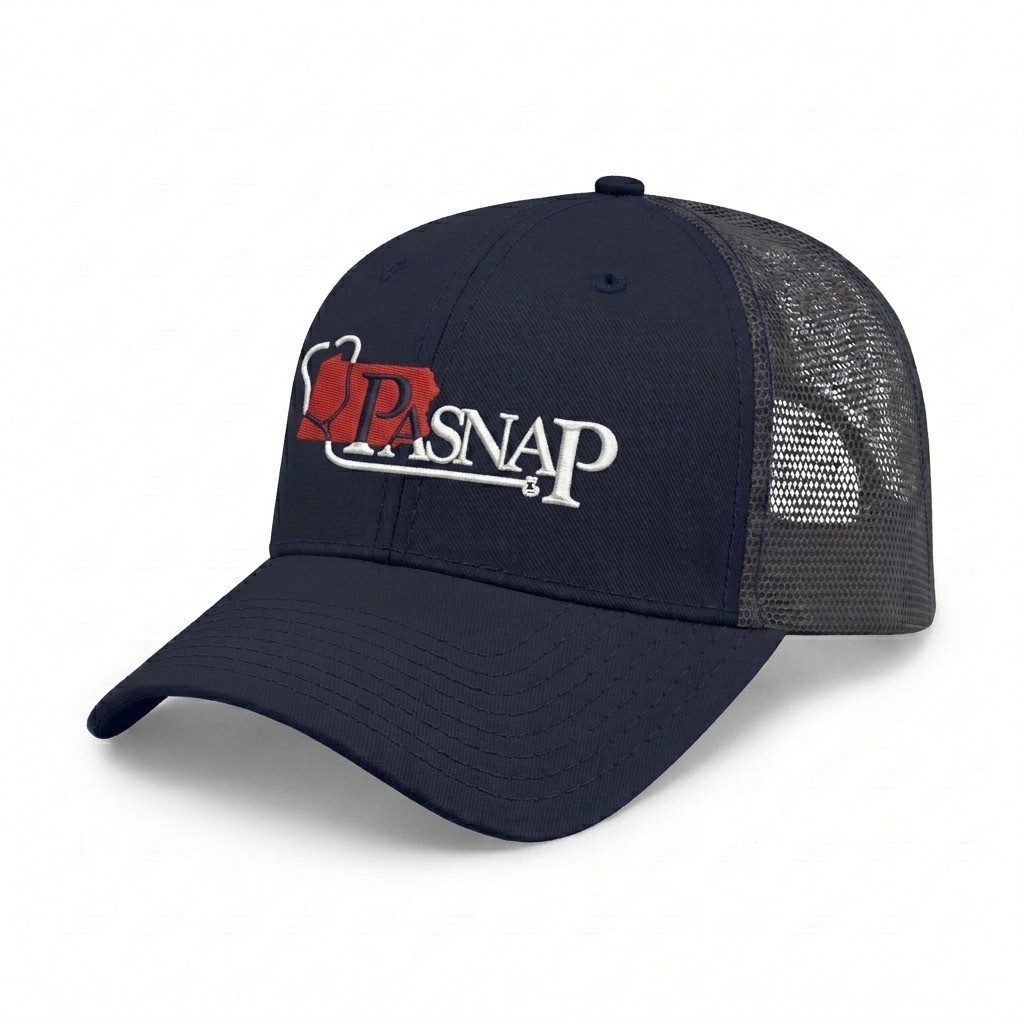 USA-made 6L Navy Polycotton Twill baseball cap, decorated view, manufactured in Newark NJ