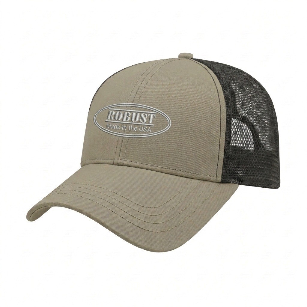 USA-made 6L Khaki-Black Polycotton Twill baseball cap, decorated view, manufactured in Newark NJ