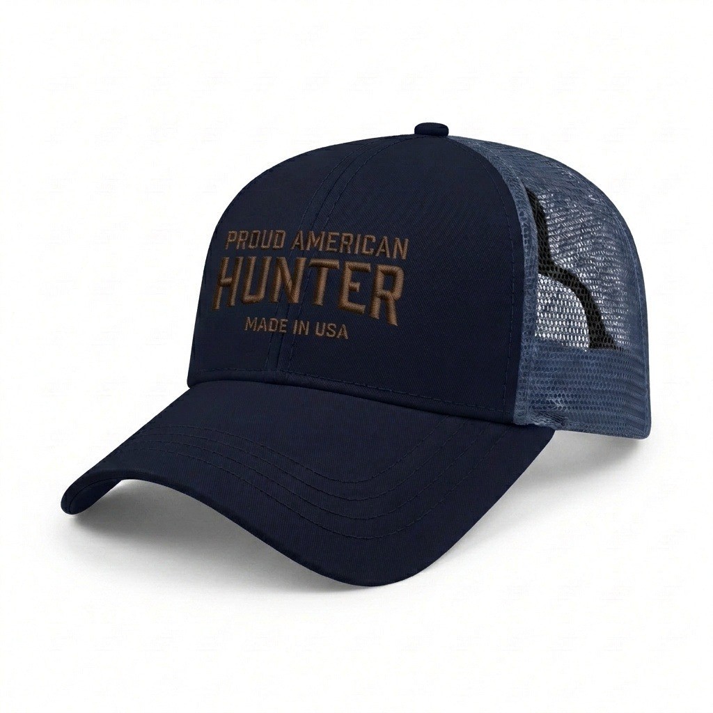 USA-made 6L Navy Polycotton Twill baseball cap, decorated view, manufactured in Newark NJ