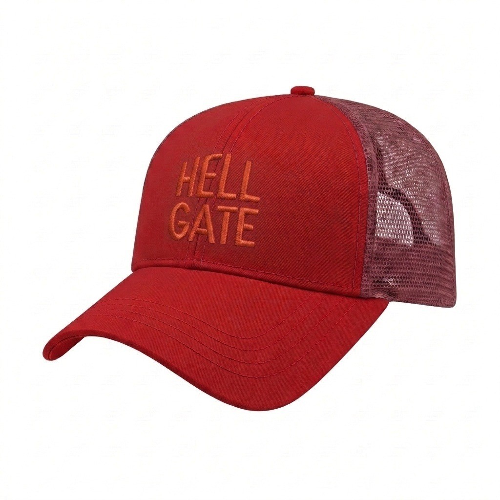 USA-made 6L Red Polycotton Twill baseball cap, decorated view, manufactured in Newark NJ